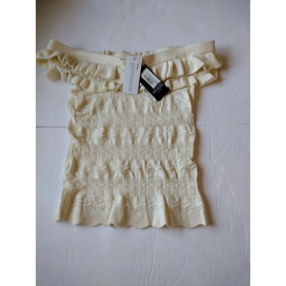Guess Blouse Women's‎ Small Knit Nola Beige Pointelle Off the Shoulder Sweater - Picture 7 of 10